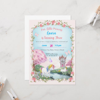 Liten prinsessa tema inbjudan. Barnkalas. Inbjudningar
