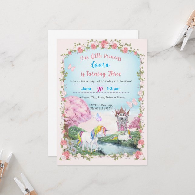 Liten prinsessa tema inbjudan. Barnkalas. Inbjudningar (Fram/Back In Situ)