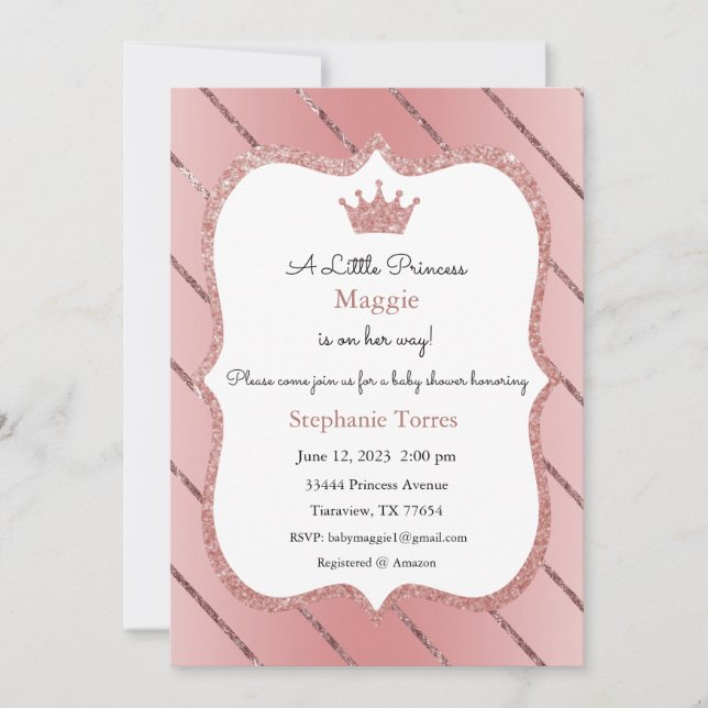 Liten prinsessinvitation, roséguld invitation inbjudningar (Framsida)