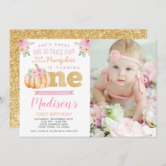 Liten pumpa 1-års inbjudan med foto (Fram/baksida)