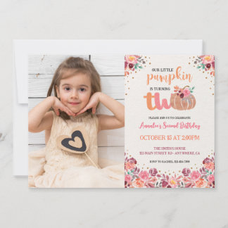 Liten pumpa 2-års födelsedags boho blomfoto inbjudningar