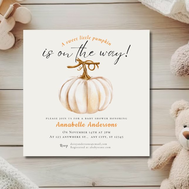Liten pumpa akvarell Baby shower inbjudan (Little Pumpkin watercolor Neutral Baby shower Invitation)