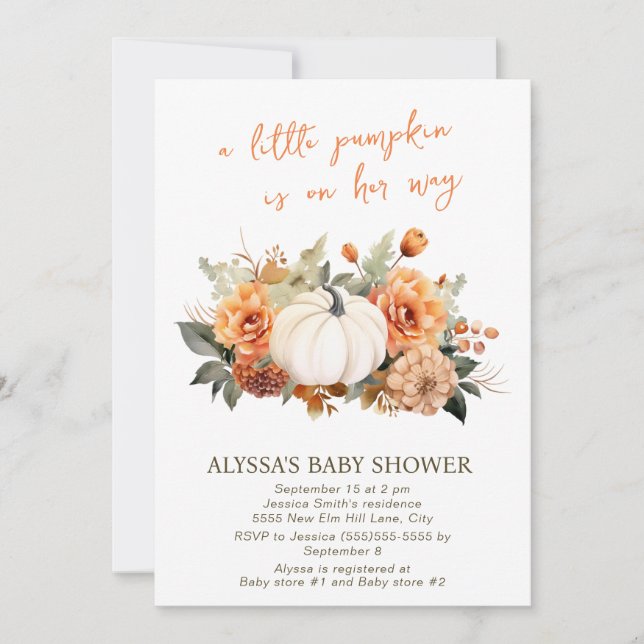 Liten Pumpa Akvarell Blommig Flicka Baby Shower Inbjudningar (Framsida)