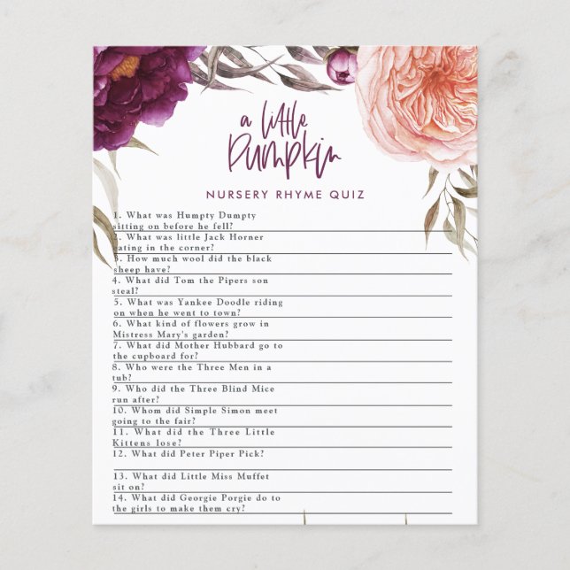 Liten pumpa akvarell blomster baby shower spel flygblad (Framsidan)