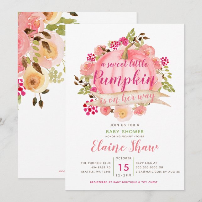 liten pumpa är på gång med babyduschen inbjudningar (Fram/baksida)