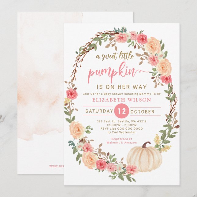 liten pumpa är på väg att falla babydusch i inbjudningar (Fram/baksida)