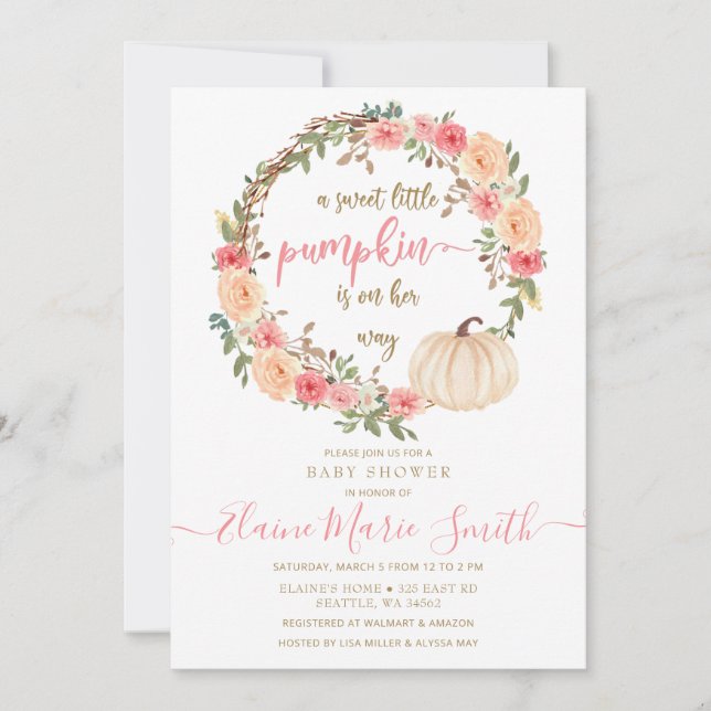 liten pumpa är på väg att falla babyduschen inbjudningar (Framsida)