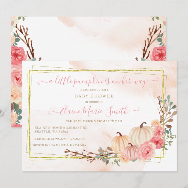 liten pumpa är på väg till rosa babydusch inbjudningar (Fram/baksida)