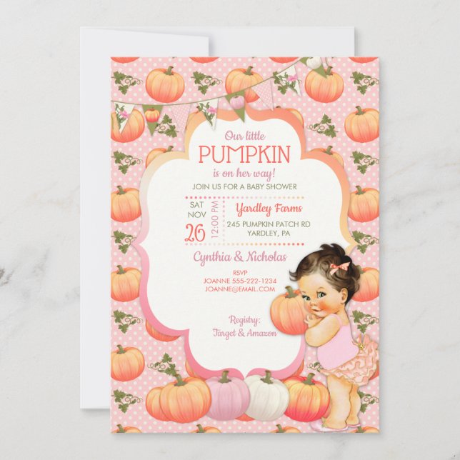 Liten Pumpa Baby Flicka Shower Ljus Brunett Inbjudningar (Framsida)