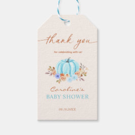 Liten pumpa baby shower blå pojke presentetikett