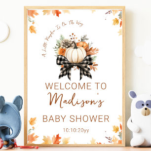 Liten pumpa baby shower blomster- och rutig välkom poster