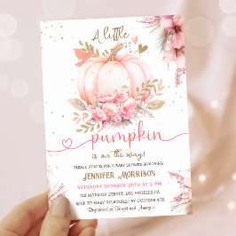 Liten pumpa baby shower flicka rosa blomster höst inbjudningar