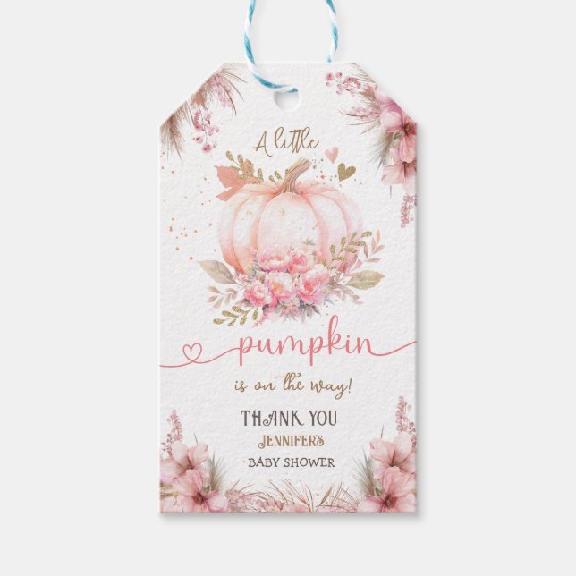 Liten Pumpa Baby Shower Flicka Rosa Höst Presentetikett (Framsidan)