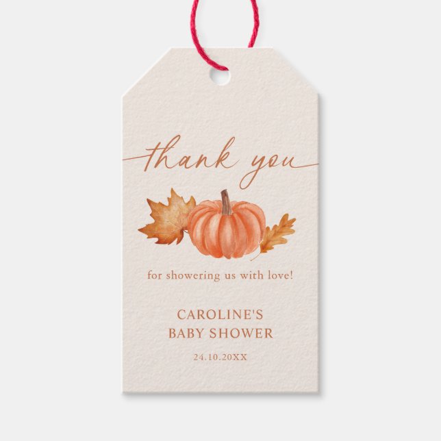 Liten pumpa baby shower höst tack  presentetikett (Framsidan)