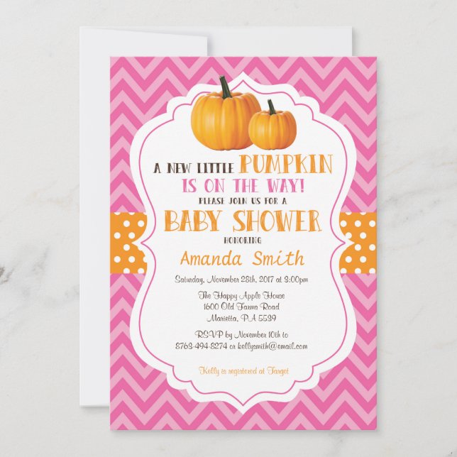 Liten pumpa baby shower inbjudan rosa chevron (Framsida)