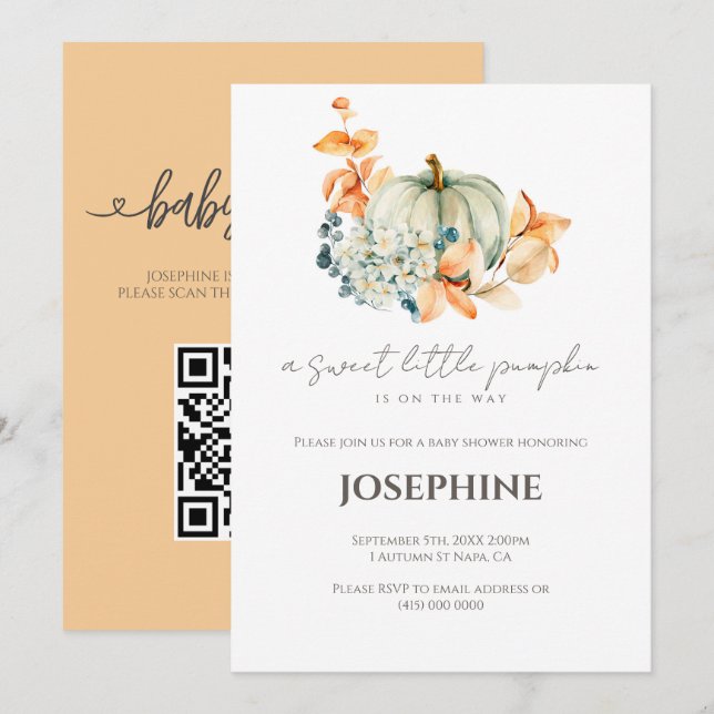 Liten Pumpa Baby Shower QR-presentregister Inbjudningar (Fram/baksida)