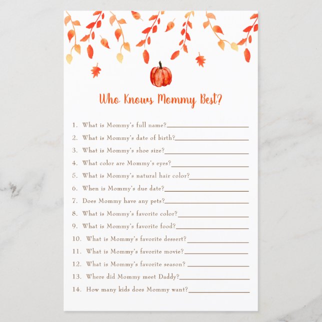 Liten pumpa Baby Shower-spel Vem vet mest om mamma (Framsida)