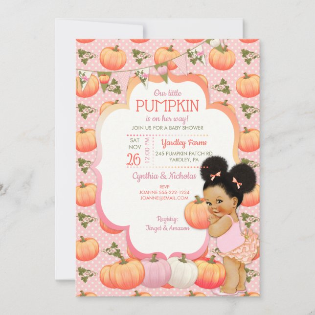 Liten Pumpa Babyflicka Shower Medium Puffs Inbjudningar (Framsida)