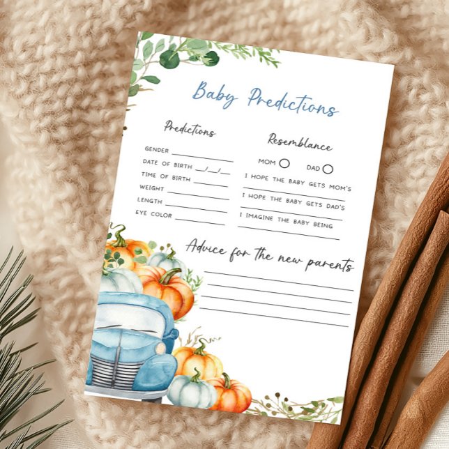 Liten Pumpa Blå Lastbil Baby Förutsägelser Spel (Fall Pumpkin Blue Truck Baby Shower Baby Predictions Game)