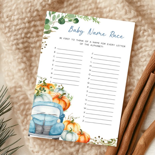 Liten Pumpa Blå Lastbil Baby Namn Tävling Spel (Fall Pumpkin Blue Truck Baby Shower Baby Name Race Game)