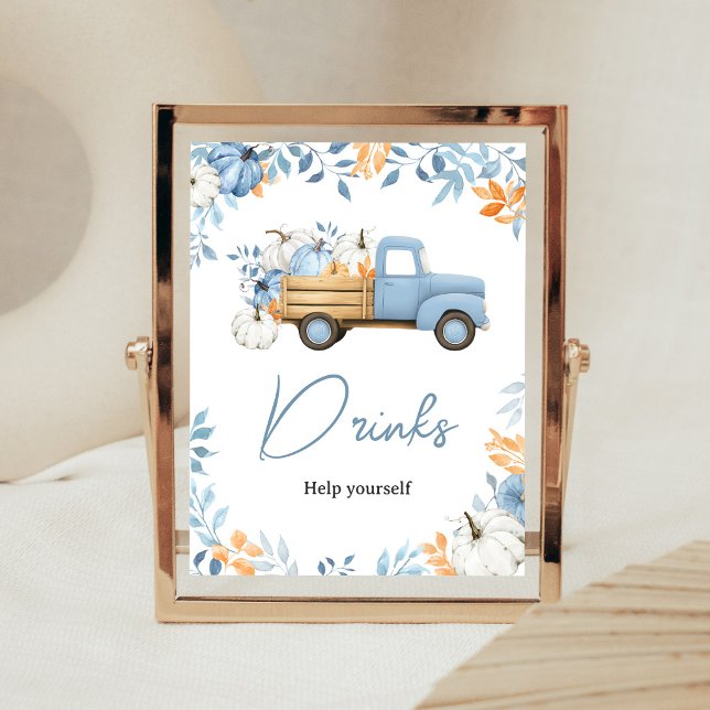 Liten Pumpa Blå Lastbil Drycker Skylt (Boy Pumpkin Truck Fall Baby Shower Drinks Sign)