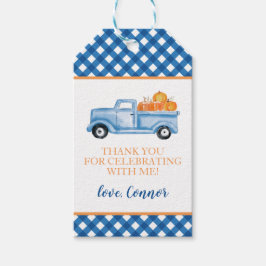 Liten pumpa blå lastbil karoad första födelsedag presentetikett