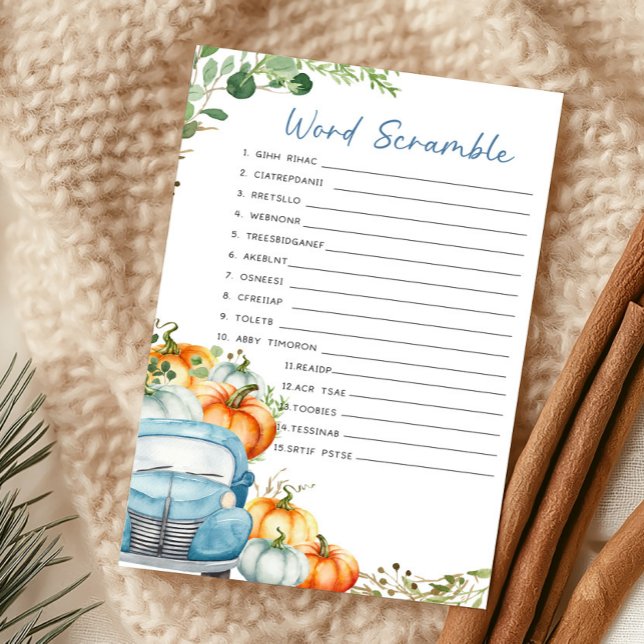 Liten Pumpa Blå Lastbil Ordkrypteringslek (Fall Pumpkin Blue Truck Baby Shower Word Scramble Game)