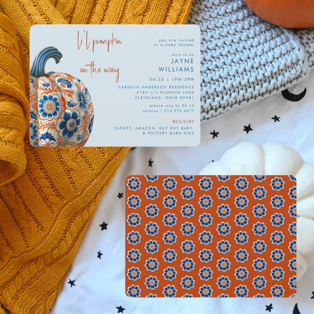 Liten pumpa blå och orange baby shower inbjudningar (Skapare uppladdad)