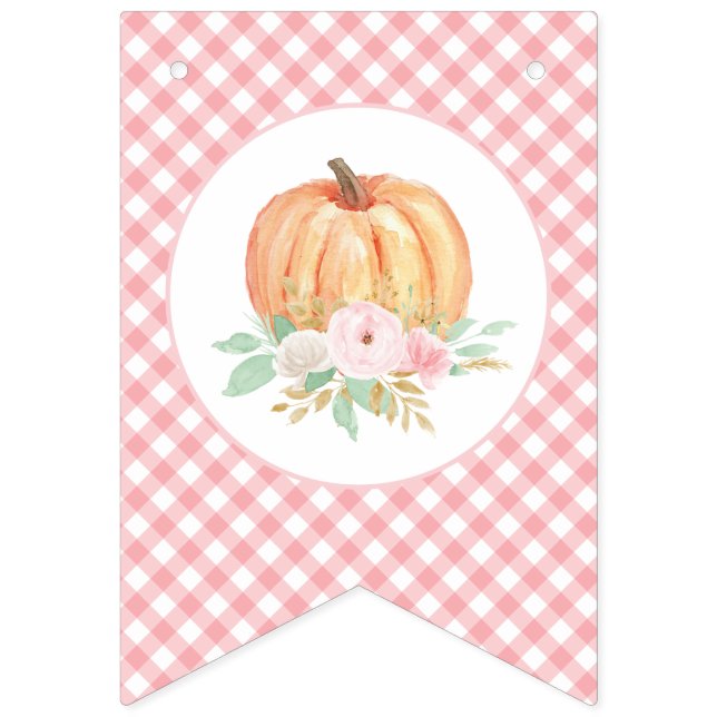 Liten pumpa blommig rosa rutig första födelsedag vimplar (Första flaggan)