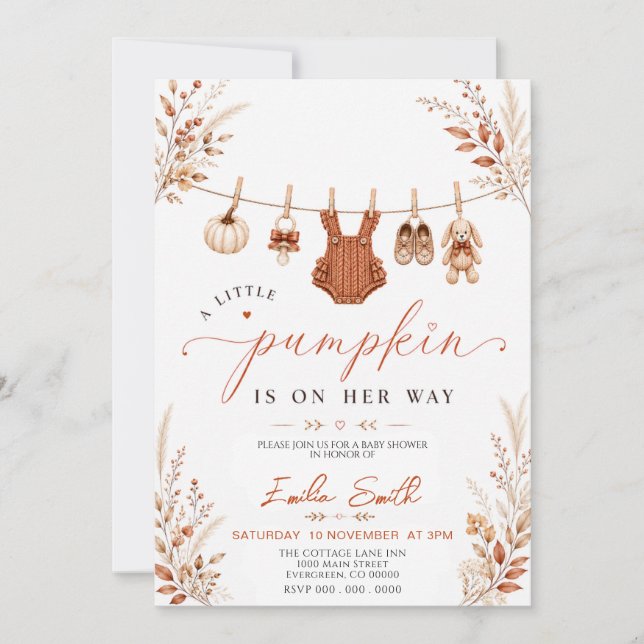 Liten pumpa boho höst klädstreck baby shower inbjudningar (Framsida)
