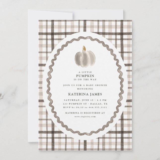 Liten pumpa Brun Plaid Baby Shower Inbjudan (Framsida)
