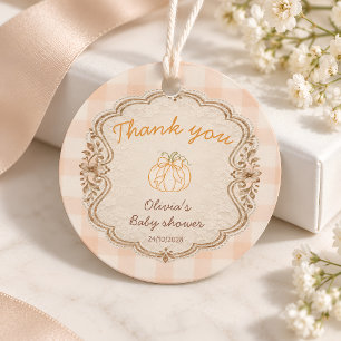 Liten pumpa gingham baby shower tack gåvor etiketter