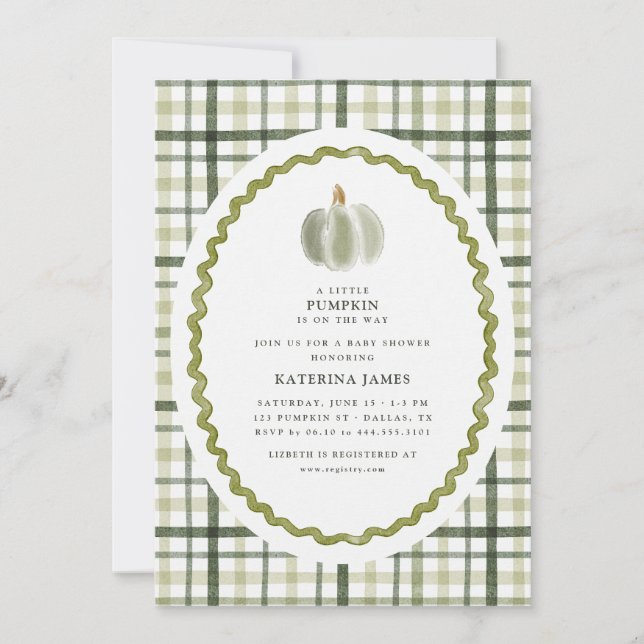 Liten pumpa grön randig baby shower inbjudan (Framsida)