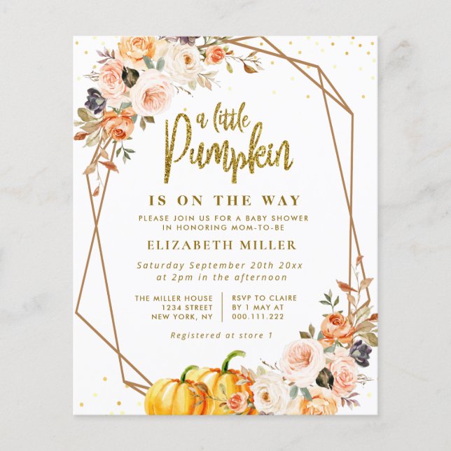 liten pumpa guld  blommigt babydusch invit (Framsida)