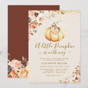 liten pumpa guld och blommigt babydusch inbjudningar
