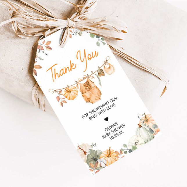 Liten pumpa höst baby shower presentkort presentetikett (Little Pumpkin Fall Clothesline Baby Shower Favor Tags)