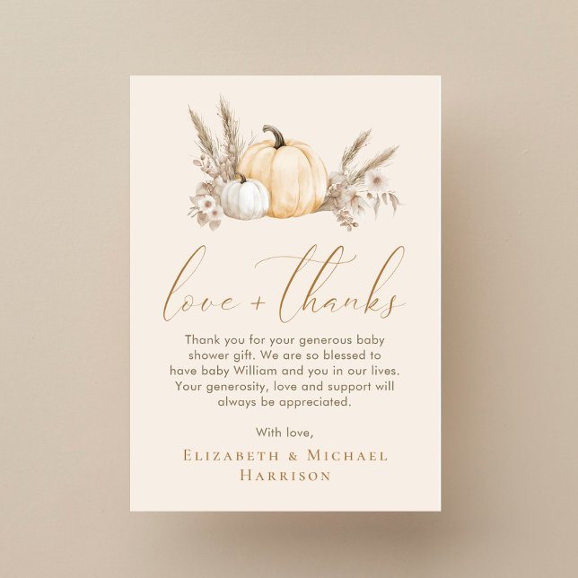 Liten pumpa höst baby shower tack anteckningskort (Little Pumpkin Fall Baby Shower Thank You Note Card)
