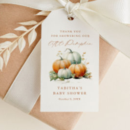 Liten pumpa höst baby shower tack favor presentetikett