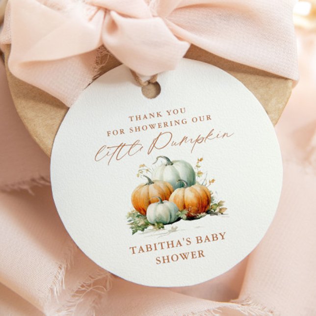 Liten pumpa höst baby shower tack gåvor etiketter (An elegant fall little pumpkin baby shower thank you favor tag with watercolor illustration.)