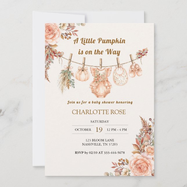 Liten pumpa höst Boho blomster baby shower inbjuda Inbjudningar (Framsida)