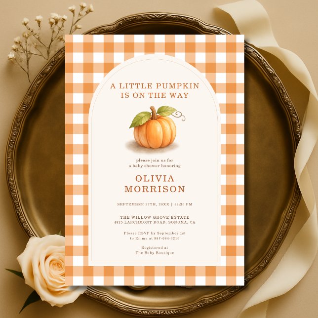 Liten pumpa höst gingham baby shower inbjudningar (Skapare uppladdad)