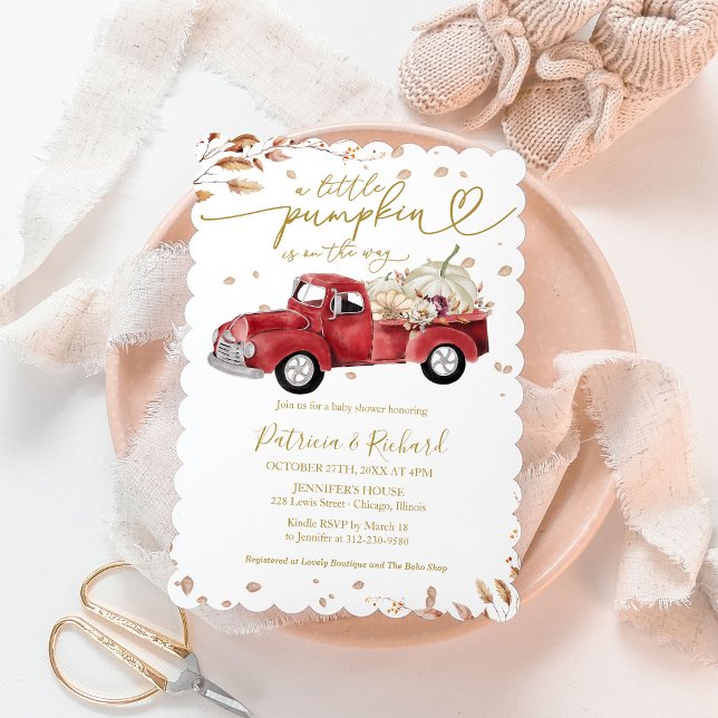 Liten pumpa höst röd vintage lastbil baby shower inbjudningar (Skapare uppladdad)