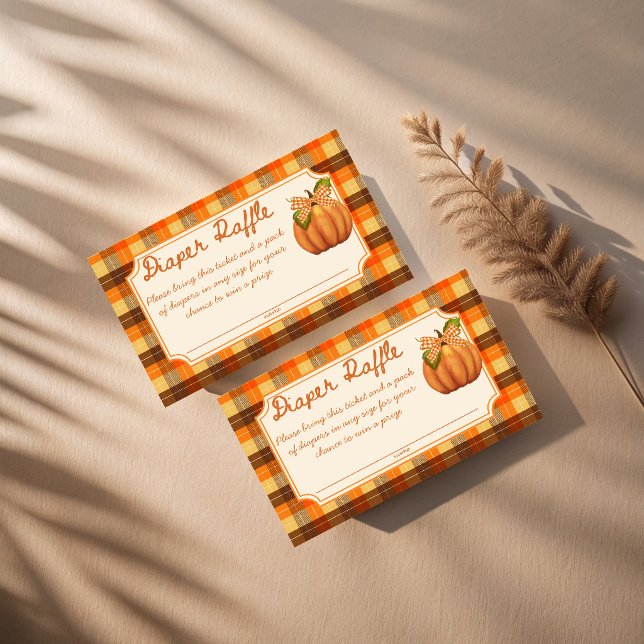 Liten pumpa höst rutförkläde lotteri tilläggskort (Little pumpkin orange brown plaid fall baby shower diaper raffle enclosure card raffle tickets)