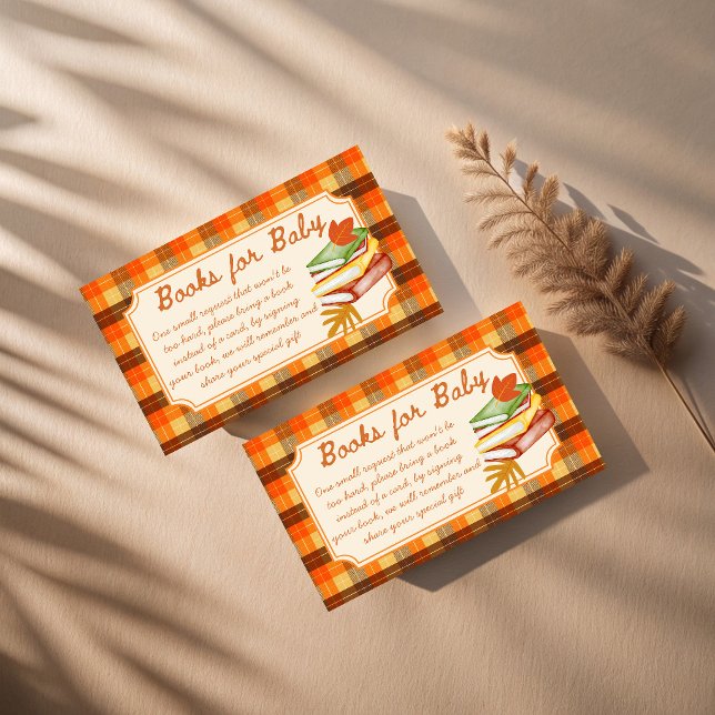 Liten pumpa höst rutmönster bok begäran tilläggskort (Little pumpkin orange brown plaid fall baby shower book request enclosure card books for baby cards)