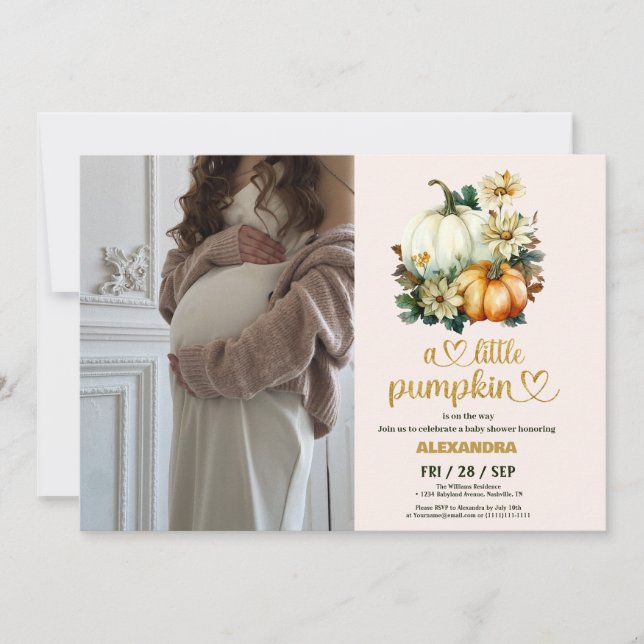 Liten pumpa höst vattenfärg blommande baby shower inbjudningar (Framsida)