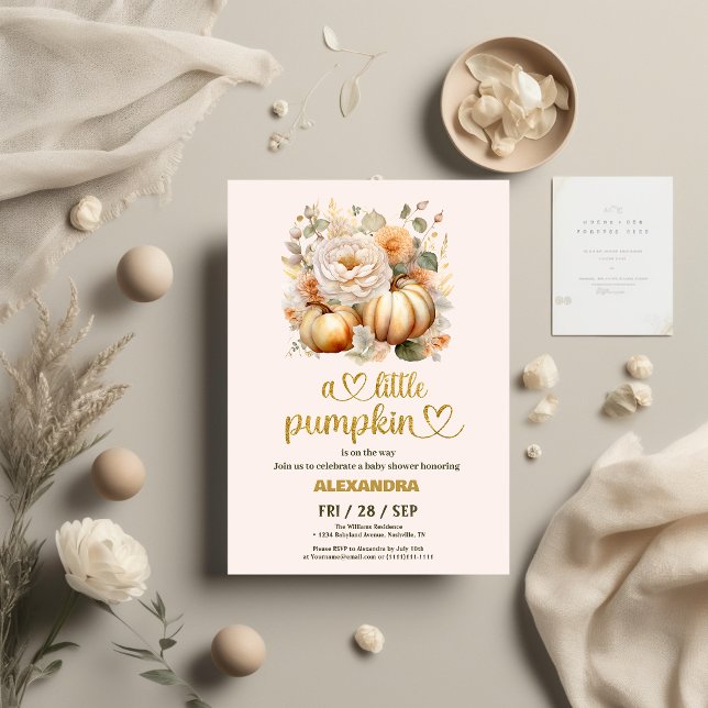 Liten pumpa höst vattenfärg blommande baby shower inbjudningar (Skapare uppladdad)