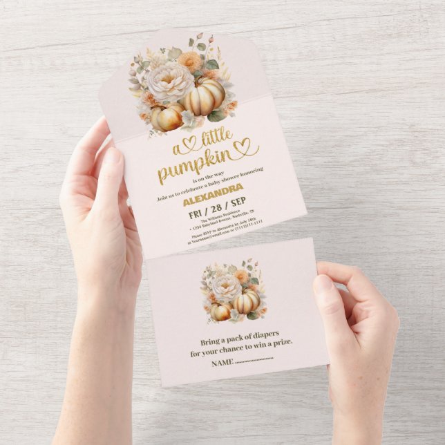 Liten pumpa höst vattenfärg blommig baby shower (Avrivbar del)