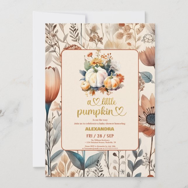Liten pumpa höst vattenfärg blommig baby shower inbjudningar (Framsida)