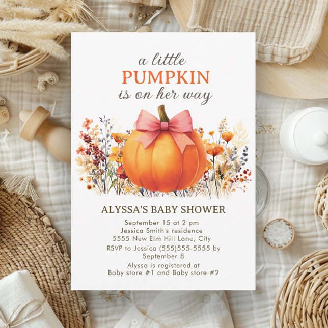 Liten pumpa höstblommor Boho flicka baby shower Inbjudningar (Cute little girl baby shower "A little pumpkin is on her way" invitation)