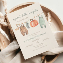 Liten pumpa höstkläder pojke baby shower inbjudningar